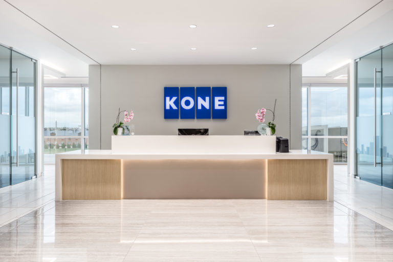 Straight-on view of the KONE entry area in Allen, TX, showcasing the sleek, modern design characteristic of the elevator company's architectural style.